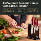 Vos Ceramic Knife Set, Ceramic Knives Set For Kitchen, Ultra Sharp Kitchen Knife Set with Covers, 3" 4" 5" 6" Paring, Santoku, Chef Knife & Utility, Lightweight, Dishwasher safe (Red with Block)