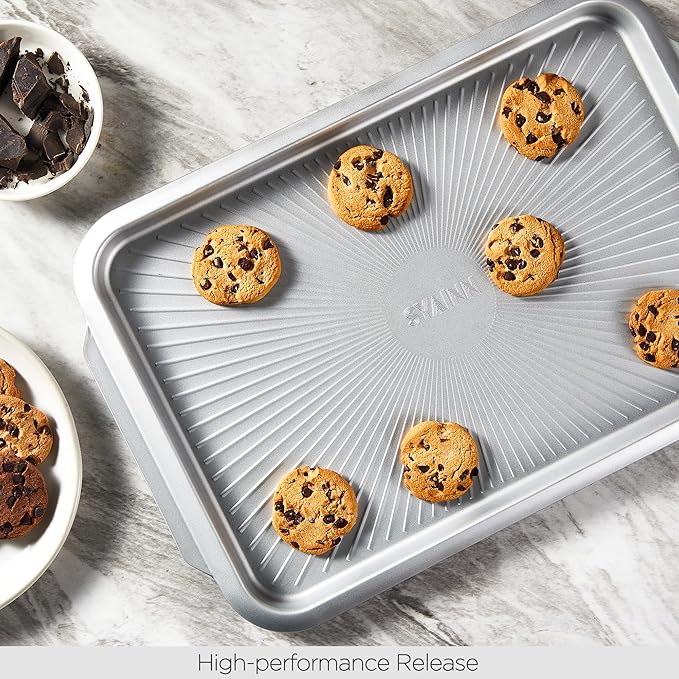 SYAINN Non-stick Ceramic Baking Sheet Set, Pack of 3 - Aluminum Steel Cookie Sheets for Baking - Includes Half/Quarter/Jelly Roll Pans - Warp Resistant, Toxic, PTFE & PFOA Free - Sliver