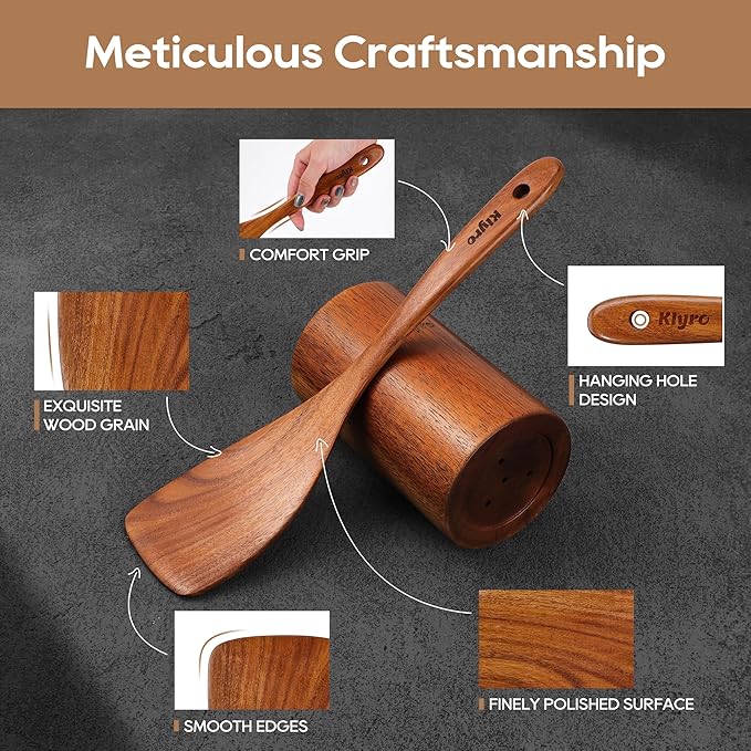 Teak Wooden Cooking Utensils Set, 10 Piece Premium Kitchen Cookware, Non-Scratch Wooden Spoons for Cooking, Perfect for Cooking and Serving