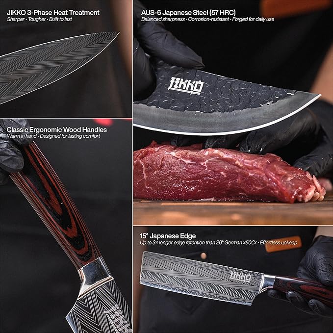 Jikko New Reinforced Carbon Steel Japanese Kitchen Knife Set – DiamondRazor Series – Ultra Sharp Japanese Knife Set & Chef Knife Set with Mahogany Wood Handles – Professional Chef's Knives