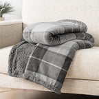 Pavilion Light Grey Plaid Sherpa Throw Blanket for Couch Twin, Plush Flannel Fleece Throws, Soft Fuzzy Cabin Blanket for Sofa Bed, Warm Cozy Winter Gift, 60x80