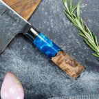 SENKEN Damascus Steel Cleaver Knife - Tsunami Collection - 67-Layer Japanese VG10 Steel - Unique Blue Resin & Natural Wood Handle, Razor Sharp, Beautiful Damascus Wave Pattern (7.5" Cleaver Knife)