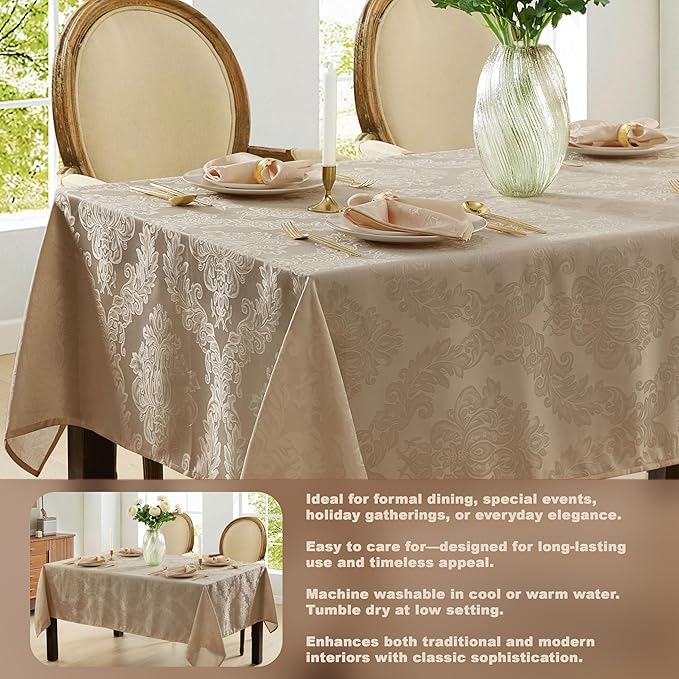Newbridge Barcelona Luxury Damask Fabric Tablecloth, 60” Wide x 120” Rectangle, Golden Beige, 100% Polyester, No Iron, Soil Resistant Dining Room, Party and Banquet Table Cover