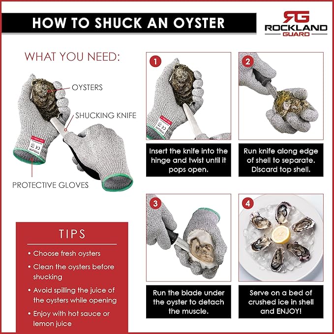 Rockland Guard Professional Oyster Shucking Knife Set - Includes 3.5" Stainless Steel Oyster Shucker with Non-Slip Handle & Bent Tip, Kitchen Cutting Gloves - Food-Grade, Dishwasher-Safe Seafood Tools Set - Large
