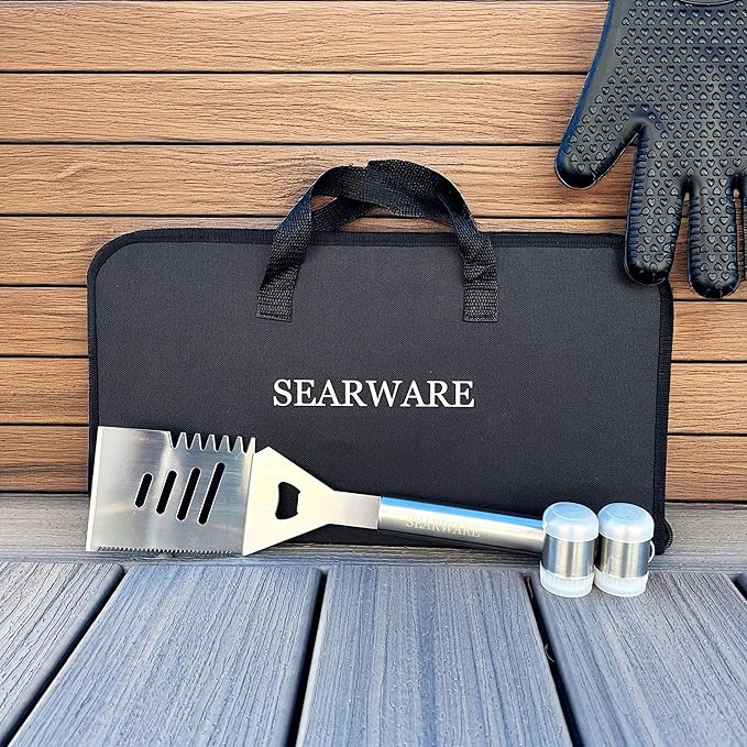 Barbecue Grill Tool Set - Stainless Steel - Strong Durable Design - Heat Resistant Glove & Bristle Free Grill Brush - Thermometer, Meat Injector, & Corn Skewers - Perfect For Smokers & Grills