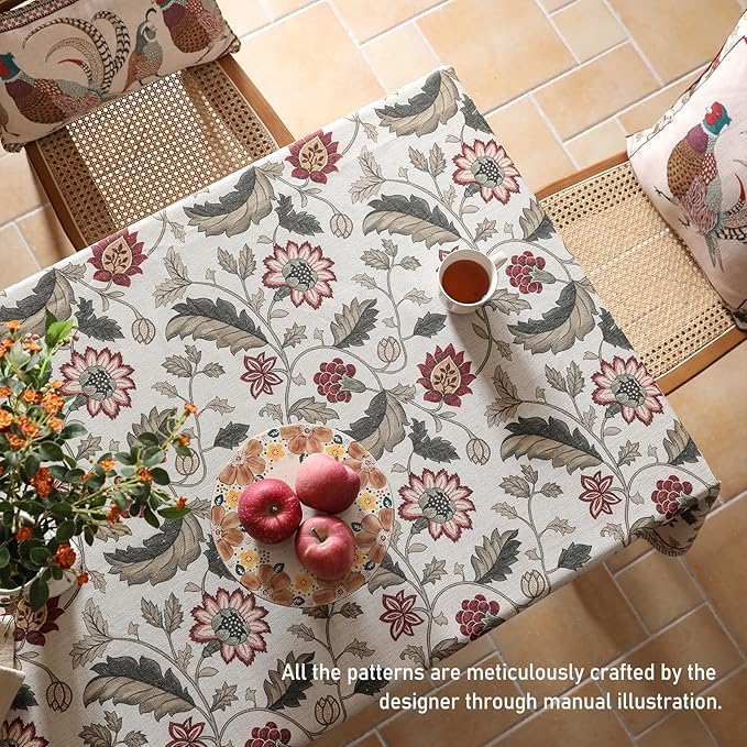 ISAENNE Designer Provence Floral Extra Long Tablecloth Rectangle,Linen Colorful Washable Indoor Table Cloth,Durable Decor Tablecloths for Dining Thanksgiving Kitchen Christmas,67"*118"-Ratina