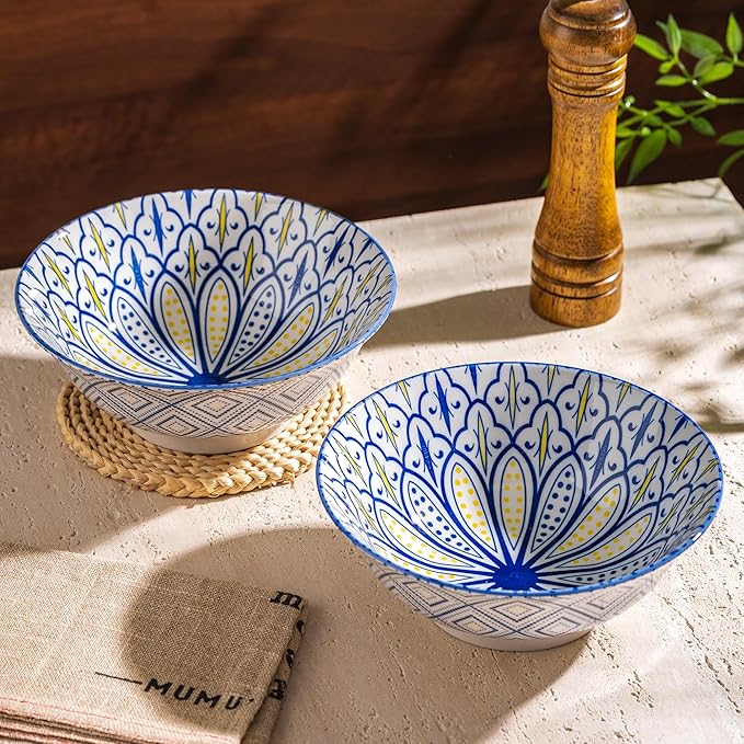 Ceramic Serving Bowls 8 Inch Set of 2, Large Bowls for Pasta Soup Fruit Ramen Cereal, Dinner, Salad, Oatmeal, Microwave & Dishware Safe, Colorful Bohemian Style