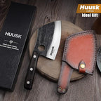 Huusk Serbian Chef Knife with Full Tang Handle Forged Butcher Knives for Meat Cutting Meat Cleaver Knife with Sheath for Halloween Kitchen Hunting or Camping Christmas Gift for Men and Women