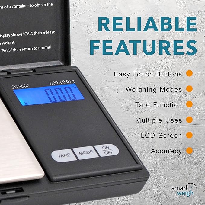 Smart Weigh SWS600 Elite Pocket Sized Digital Gram Scale,Jewelry Scale,Gram Scale,Nutrition Kitchen Scale, School Scale with Slim Design 600 x 0.1g, Black