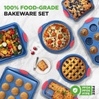 NutriChef 8-Piece Bakeware Set - Nonstick Carbon Steel Baking Pans with Red Silicone Handles, Blue Coating, Durable & Stain-Resistant, Perfect for Baking Cakes, Muffins, Cookies (Blue)