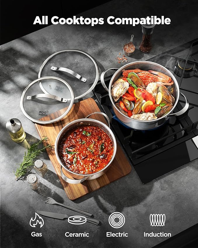 Pots and Pans Set Hybrid Stainless Steel, 17PC Nonstick Tri-Ply Cookware Set w/Frying pan, Dishwasher & Oven Safe, PFOA-Free, Metal Utensil Safe, Suitable for All Cooktops