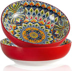 Red Large Serving Bowls Set of 2, Bohemian Style 10" Large Ceramic Bowls for Entertaining and Party, Bowls for Pasta Soup Fruit Ramen Cereal, Dishwasher Oven Safe
