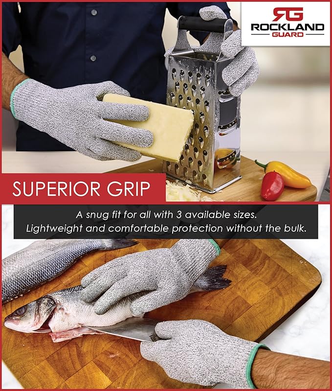 Rockland Guard Professional Oyster Shucking Knife Set - Includes 3.5" Stainless Steel Oyster Shucker with Non-Slip Handle & Bent Tip, Kitchen Cutting Gloves - Food-Grade, Dishwasher-Safe Seafood Tools Set - Large