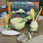 Matcha Whisk Set Incl. Ceramic Bowl With Spout, Whisk (Chasen), Stand, Bamboo Scoop, Sifter, Electric Frother, Tea Towel etc. 9 Pcs Matcha Making Starter Kit, Mottled Green