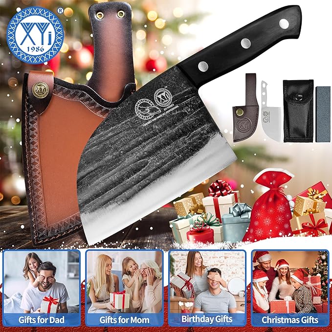 XYJ Authentic Since 1986,6 Inch Serbian Chef Knife With Sheath,Handmade Forged Ancient Outdoor Camping Kitchen Butcher Knife,Vegetable Cooking Meat Knives,Full Tang