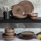Gibson Elite 16 Piece Dreamweaver Double Bowl Terracotta Reactive Dinnerware Set - Earthy Brown, Service for 4 (16pcs)