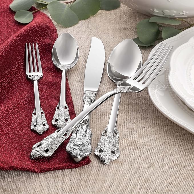 KEAWELL Luxury 20 Pieces 18/10 Stainless Steel Flatware set, Service for 4, silver plated with gold accents, Fine Silverware set and Dishwasher Safe (Silver)