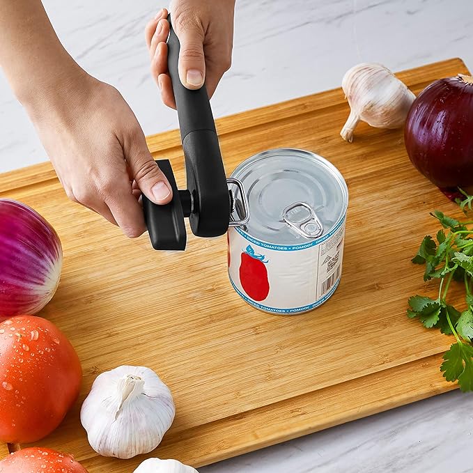 Amazon Basics Manual Can Opener, Hand Held, Black Soft Grip Single Handle, Large