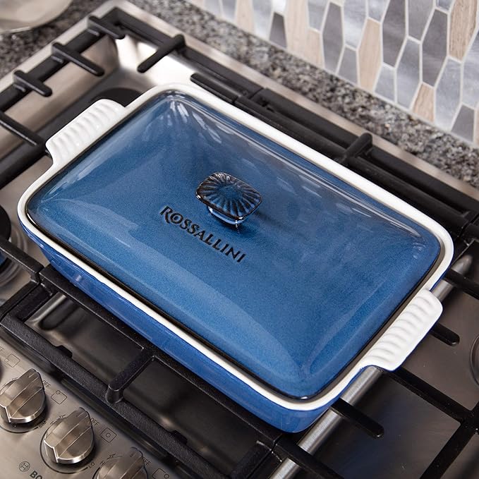 Stoneware Casserole Dish Bakeware Set with Lid, Covered Rectangular Dinnerware, Large 3.2 Quart, 11 by 9 Inch, Blu Indaco [Reactive Blue]