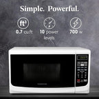 Farberware Countertop Microwave Oven 700 Watts Power Auto Cook Settings, Defrost, Easy Clean and Child Safety Lock, 0.7 Cu. Ft, White