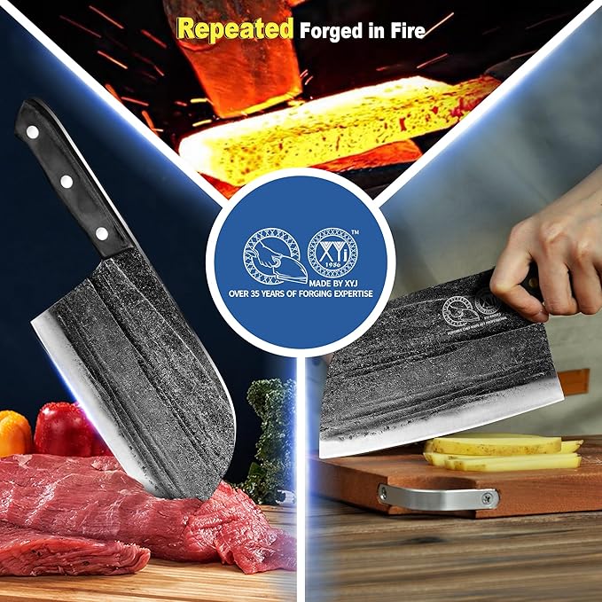 XYJ Authentic Since 1986,Outstanding Ancient Forging, 7.5 Inch Full Tang, Serbian Chefs knife,Chef Meat Cleaver,Kitchen Knives,Set with Leather Sheath,Take Carrying,Butcher