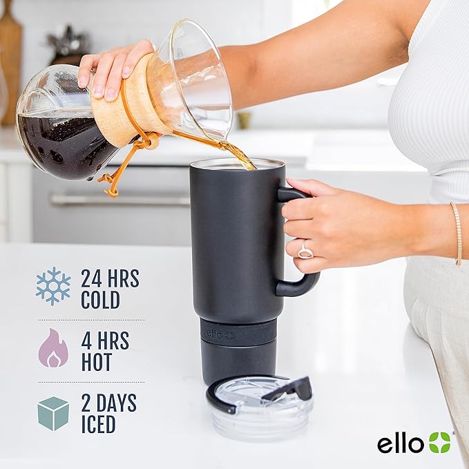 Ello Port 40oz Tumbler with Carry Loop & Integrated Handle, Vacuum Insulated Stainless Steel Reusable Water Bottle, Travel Mug with Leak Proof Lid & Straw, Perfect for Iced Coffee & Tea, White