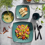 Gibson Elite Soho Lounge 16-Piece Reactive Glaze Dinnerware Set, Teal/Black Two-Tone