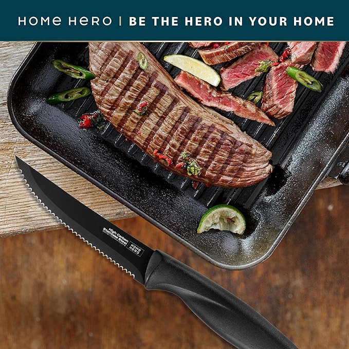 Home Hero High-Carbon Stainless Steel Steak Knife Set - Sharp Serrated Knives & Nonstick Coating - Ergonomic TPR-Coated Handles - Rust-Resistant Blades & Hand Wash - 8-Piece Set, Black