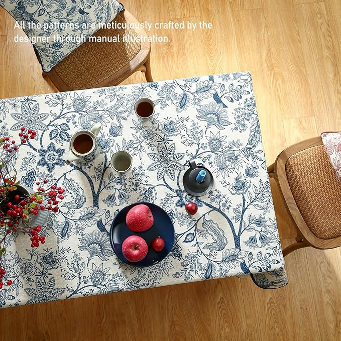 ISAENNE Designer French Linen Extra Long Rectangle Tablecloth,Blue Floral Washable Indoor Table Cloth,Durable Home Decor Tablecloths for Dining Thanksgiving Kitchen Party,63"*110"-Ruyi B