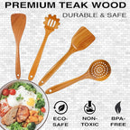 Extra-Large 4-Piece Teak Wooden Utensil Set – Non-Stick Wooden Spatula for Cooking, Skimmer Spoon, & Pasta Spoon – Premium Non Toxic Cooking Utensils