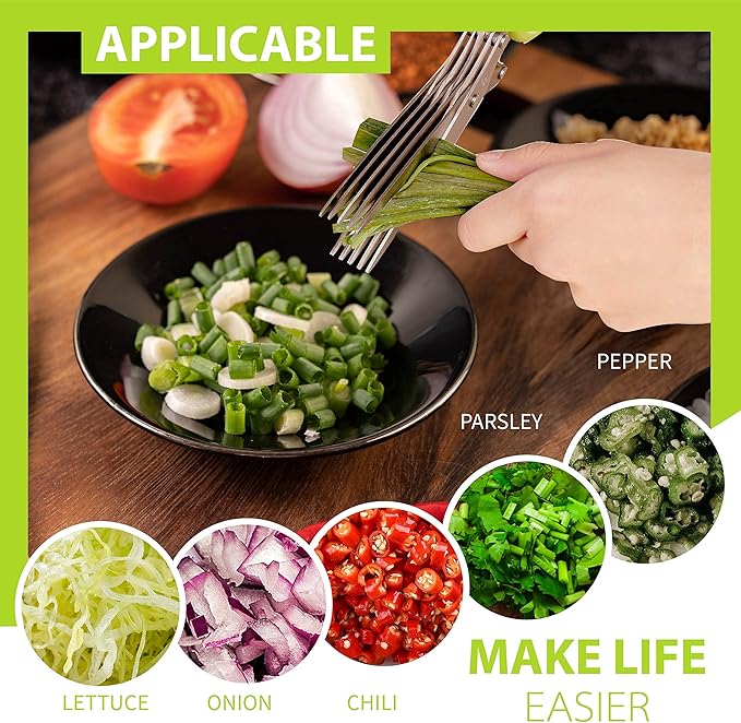 2-Pack Herb Scissors Set with 5 Blades & 3 Blades, Green Stainless Steel Kitchen Shears for Herbs, Veggies, Paper Shredding, with Cleaning Comb & Cover