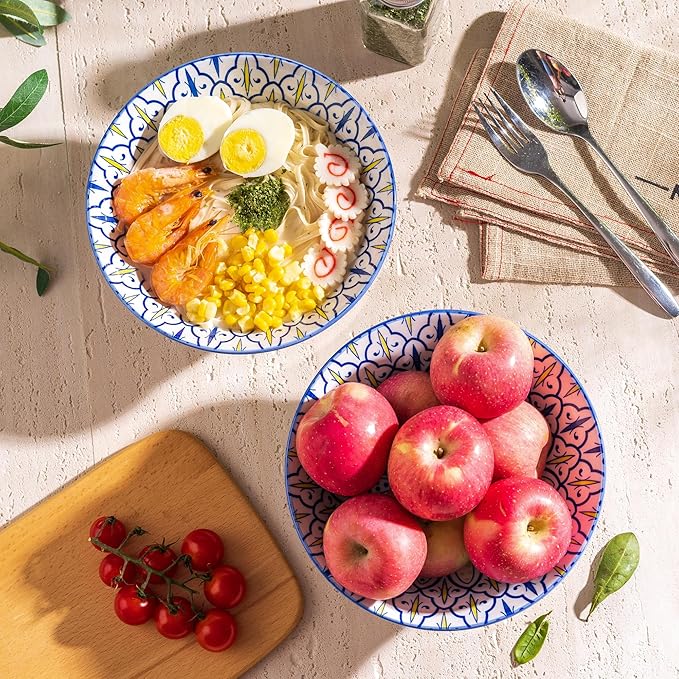 Ceramic Serving Bowls 8 Inch Set of 2, Large Bowls for Pasta Soup Fruit Ramen Cereal, Dinner, Salad, Oatmeal, Microwave & Dishware Safe, Colorful Bohemian Style