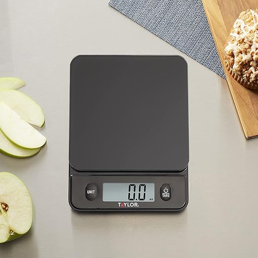 Taylor Glass Top Food Scale with Touch Controls, 11 lb Capacity, Sleek Black Design for Precision Food Measurement in Grams and Ounces