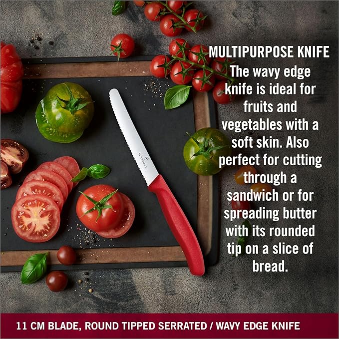 Victorinox Swiss Classic Paring Knife Set with Peeler - Includes a Straight Edge & Serrated Paring Knife, & Fruit & Vegetable Peeler - Red Handle, 3-Piece Set