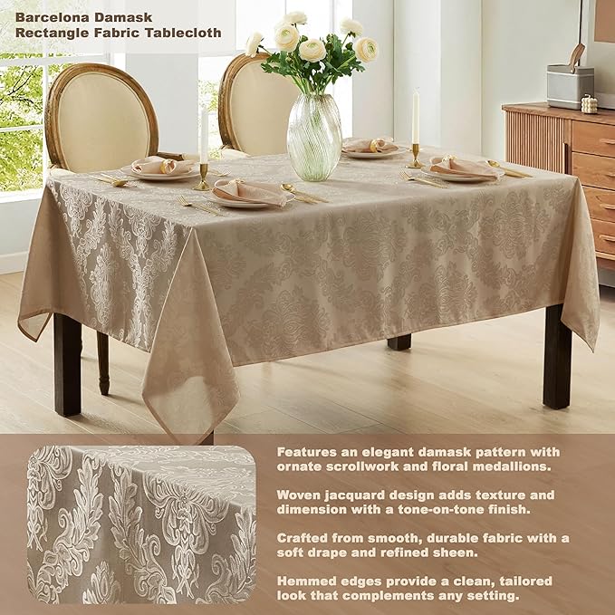 Newbridge Barcelona Luxury Damask Fabric Tablecloth, 70” Extra Wide x 90” Rectangle, Golden Beige, 100% Polyester, No Iron, Soil Resistant Dining Room, Party and Banquet Table Cover