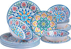 18 Pieces Melamine Dinnerware Sets, Service for 6, Paisley Kitchen Plates and Bowls Set, Unbreakable & Lightweight Dinnerware Set, Camping Dishs Indoor Outdoor Use, Spanish Floral Pattern