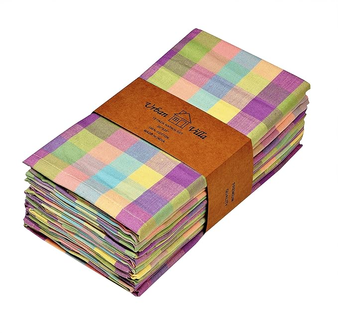 Urban Villa Easter Cloth Napkins (Set of 12)100% Cotton Highly Absorbent Dinner Napkins 20x20 Inches Soft Durable Reusable Washable Easter Checks Table Dinner Napkins for Home Parties Wedding Napkins