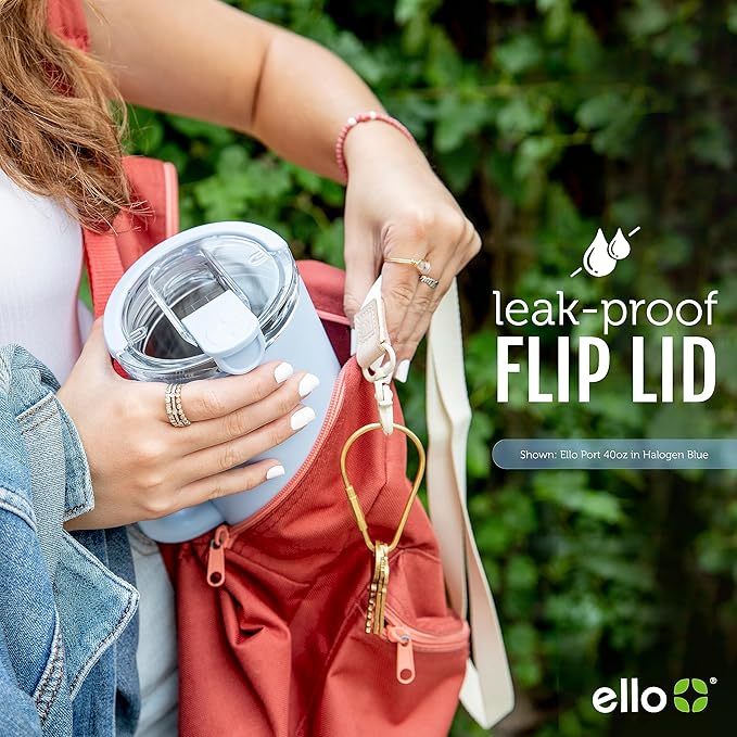 Ello Port 40oz Tumbler with Carry Loop & Integrated Handle, Vacuum Insulated Stainless Steel Reusable Water Bottle, Travel Mug with Leak Proof Lid & Straw for Iced Coffee & Tea, Halogen Blue