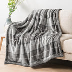 Pavilion Light Grey Plaid Sherpa Throw Blanket for Couch Twin, Plush Flannel Fleece Throws, Soft Fuzzy Cabin Blanket for Sofa Bed, Warm Cozy Winter Gift, 60x80