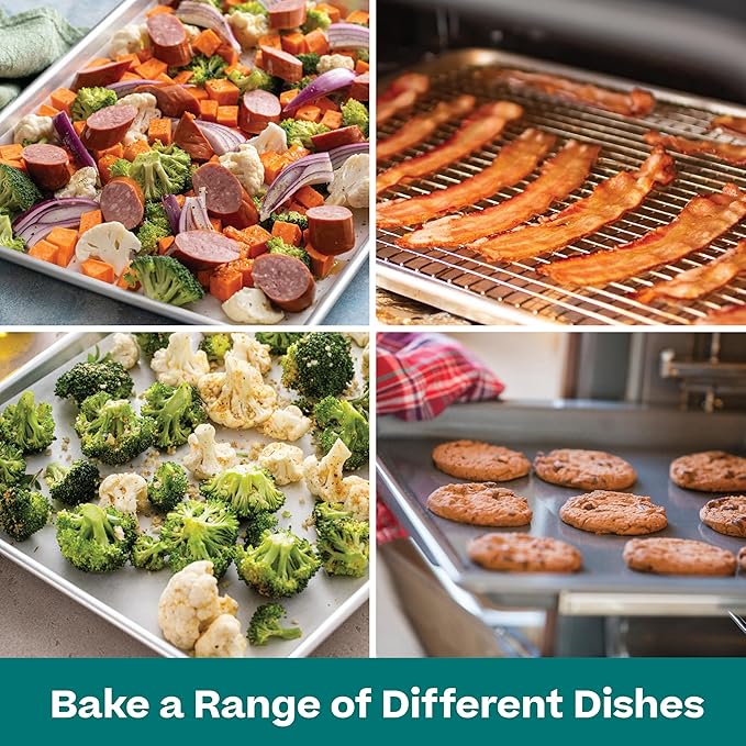 Baker's Secret 4pcs Set, 2x Baking Trays for Oven, 100% Recycled Aluminum, Non Toxic, Bakeware Set Cookie Sheet 13.6" with 2x Stainless Steel Rack Never Rust - The Natural Aluminum Collection