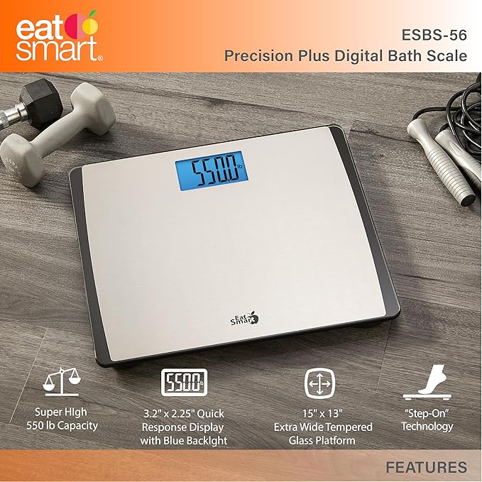 EatSmart Precision 550 Pound Extra-High Capacity Digital Bathroom Scale, Extra-Wide Platform, Stainless Steel Body Weight Scale with Step-On Tech
