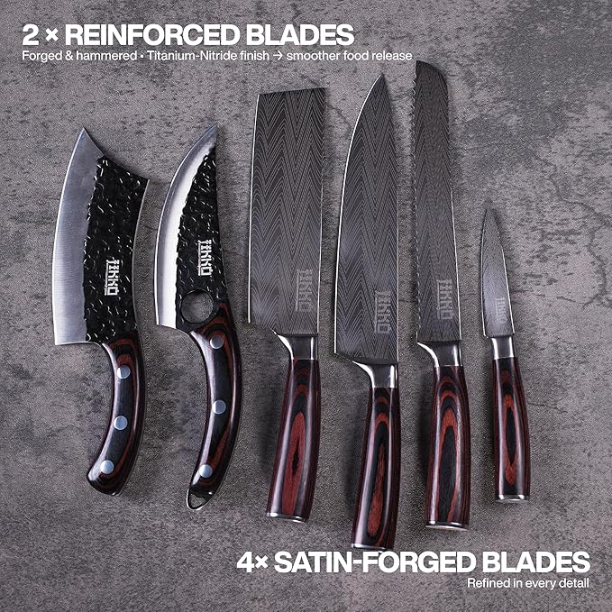 Jikko New Reinforced Carbon Steel Japanese Kitchen Knife Set – DiamondRazor Series – Ultra Sharp Japanese Knife Set & Chef Knife Set with Mahogany Wood Handles – Professional Chef's Knives