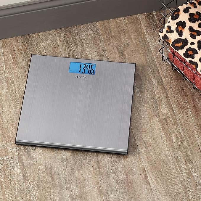 Taylor Digital Scales for Body Weight, Extra-High 440 lb Capacity, Thin Profile, Unique Blue LCD, Glass Platform, 12.2 x 12.2 Inches, Stainless Steel