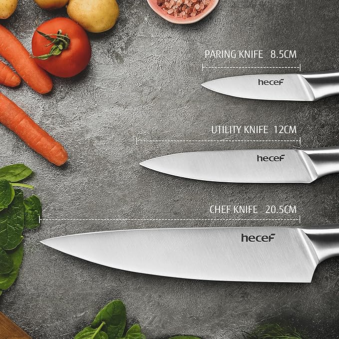 hecef Silver Kitchen knife set of 3, Satin Finish Blade with Hollow Handle, includes 8" Chef, 5" Utility and 3.5" paring knife