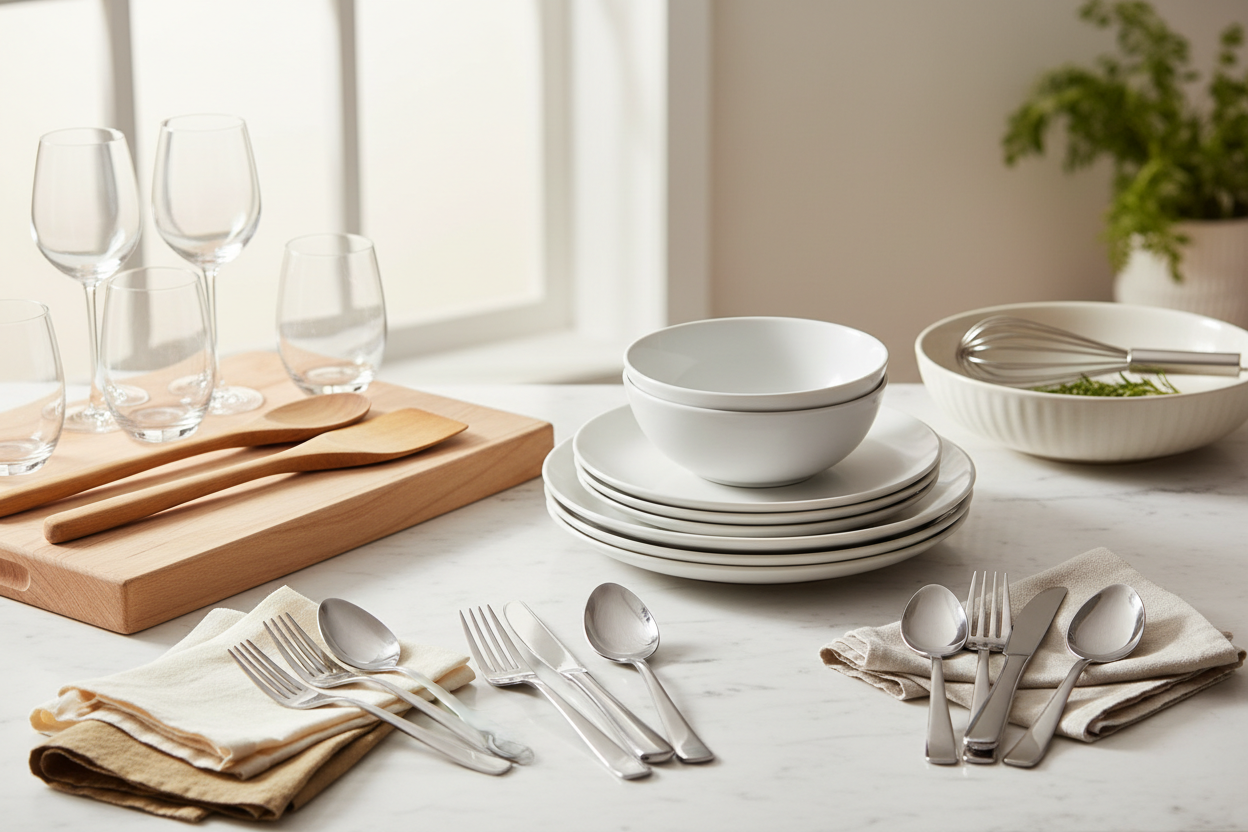 White ceramic dinnerware and stainless steel utensils styled on a clean modern kitchen table with minimalist kitchen essentials