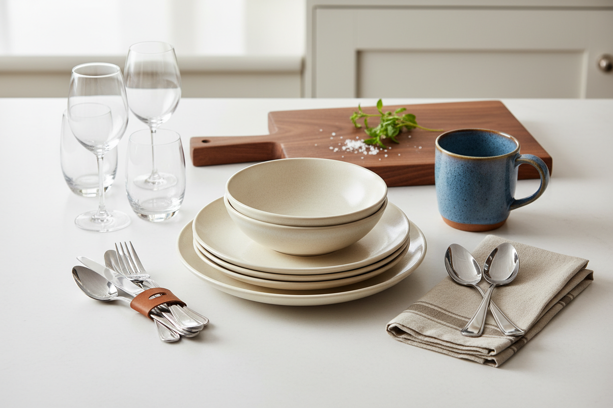 Modern kitchen table setting with ceramic dinnerware, stainless steel utensils, wine glasses, and everyday dining essentials