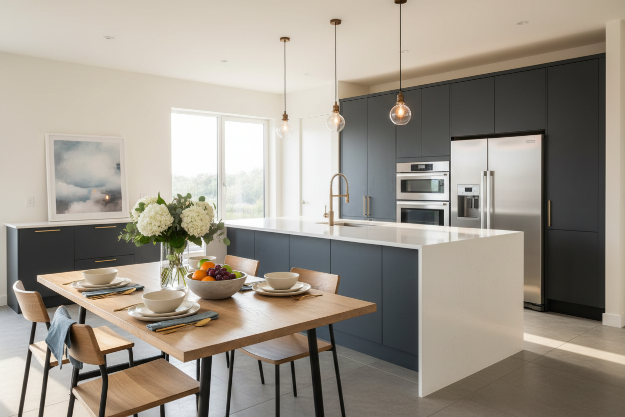 Modern kitchen and dining space with minimalist table setting, white countertops, and dark blue cabinetry in a bright contemporary home