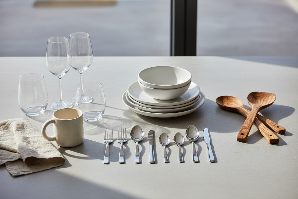 Minimal kitchen essentials arranged on a modern dining table with ceramic plates, glassware, wooden utensils, and stainless steel flatware